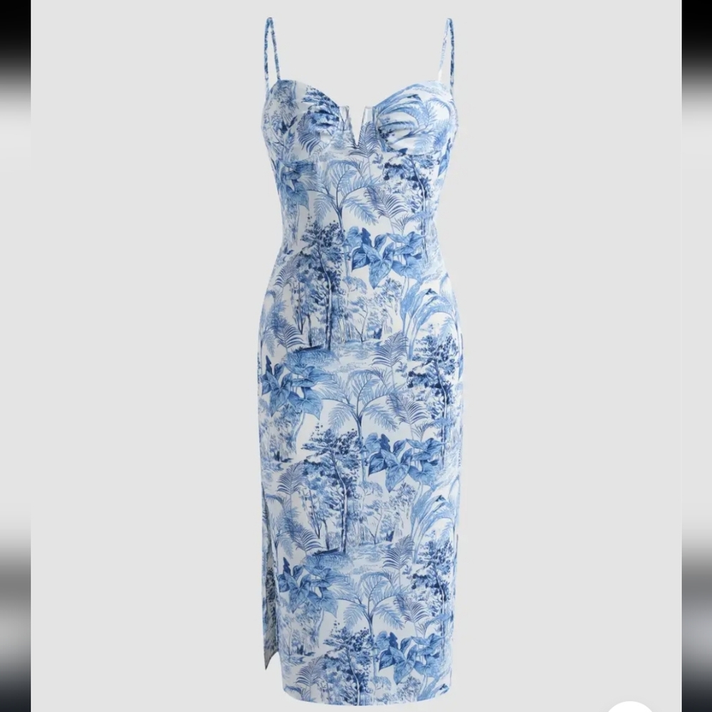 Blue Botanical Midi Dress with Sweetheart Neckline